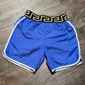 Kids Versace Greca Border Swim Shorts with Patterned Waistband